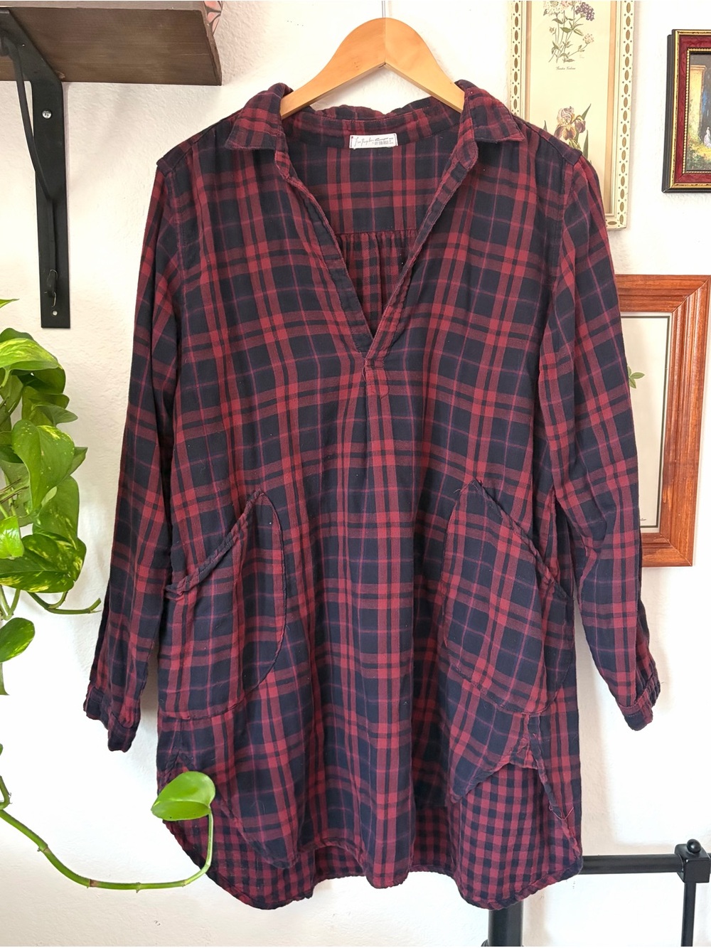 CP Shades x Free People Red Black Plaid Campire Double Cloth Flannel Tunic Small